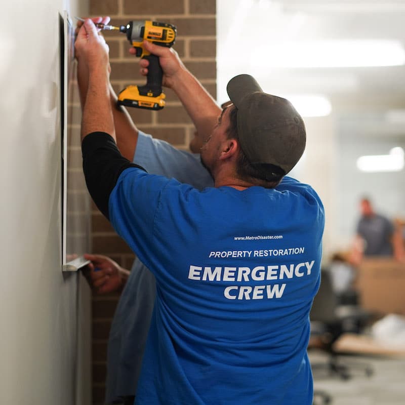 A man in a blue t-shirt with the words "Property Restoration Emergency Crew" on the back in white text. He's wearing a dark grey ballcap. He's screwing a panel to the wall in an office building.