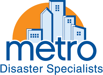 The Metro Disaster Specialists logo with the words "Metro Disaster Specialists" under a simply designed skyline with a large orange half-circle behind the skyline.
